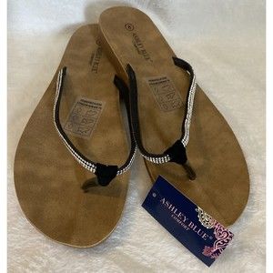 Ashley Blue Flip Flop Size 8 NEW Black with Silver Rhinestones Sandals Summer